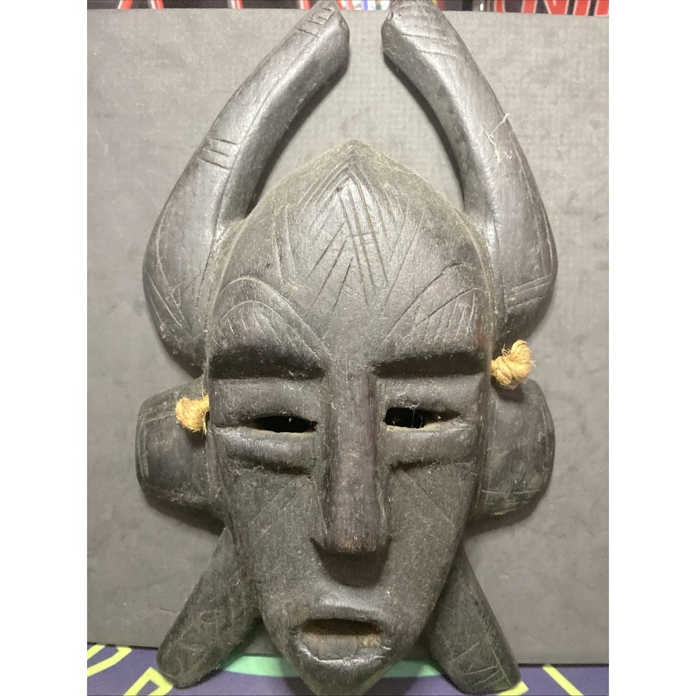 14" Vintage Horned African Tribal Carved Wood Mask Black Ghana Nice G3